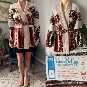 VTG 70s Prince Bellini by Caramy Southwestern Aztec belted cardigan sweater coat